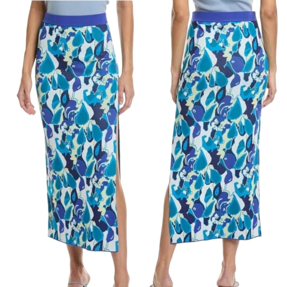 STAUD Blue and White Midi Skirt